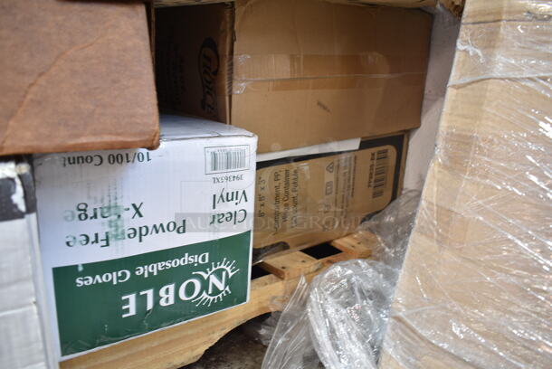 PALLET LOT of 26 BRAND NEW Boxes Including 347RSG2 Choice 2 oz. Clear Plastic Shot Glass - 2500/Case, 5001RT800B Lavex 8" White Hardwound Paper Towel, 800 Feet / Roll - 6/Case, 500CC16PLA EcoChoice 16 oz. PLA Compostable Plastic Cold Cup - 1000/Case, 500LFLAT Choice Clear Flat Lid with Straw Slot - 9, 12, 16, 20, and 24 oz. - 1000/Case, 999LFLAT Choice 9, 12, 16, 20, and 24 oz. Clear Flat Lid with Straw Slot - 50/Pack, 999RSG2 Choice 2 oz. Clear Plastic Shot Glass - 50/Pack, 500CC32P Choice Clear PET Plastic Cold Cup - 32 oz. - 500/Case, 394365XL Noble Products Powder-Free Disposable Vinyl Gloves for Foodservice - 1000/Case, 347TCL10 Choice 10 oz. Clear Disposable Plastic Tumbler - 500/Case, Acopa 20 oz Slanted Bowls, Environ Knives, Stainless Steel Beverage Holder Dispenser. 26 Times Your Bid!  - Image 4 of 12