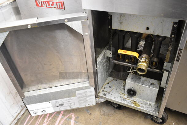 2019 Asber AEF40-50 Stainless Steel Commercial Floor Style Natural Gas Powered Deep Fat Fryer w/ 2 Metal Fry Baskets on Commercial Casters. 114,000 BTU.  - Image 3 of 5