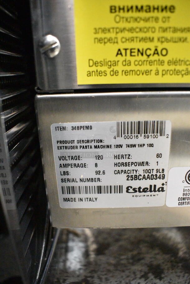 BRAND NEW SCRATCH AND DENT! Estella 348PEM9 Stainless Steel Commercial Countertop Extruder Pasta Machine. 120 Volts, 1 Phase. Tested and Powers On But Parts Do Not Move
 - Image 7 of 7