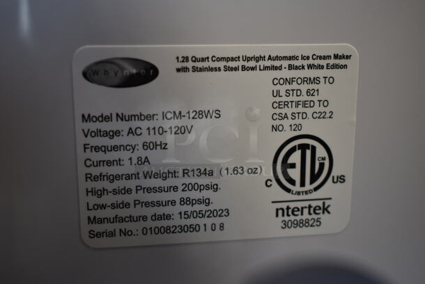 BRAND NEW SCRATCH AND DENT!  Whynter ICM-128WS 1.28 Quart Compact Upright Automatic Ice Cream Maker White. 115 Volts, 1 Phase. Tested and Working! - Image 6 of 6