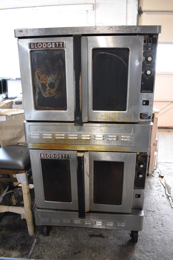 2 Blodgett Zephaire Stainless Steel Commercial Natural Gas Powered Full Size Convection Oven w/ View Through Doors, Metal Oven Racks and Thermostatic Controls on Commercial Casters. 38x38x70. 2 Times Your Bid!