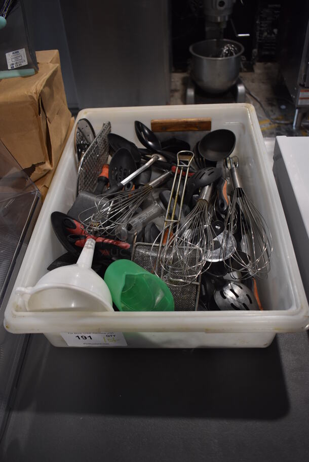 ALL ONE MONEY! Lot of Various Utensils In White Poly Bin! - Image 1 of 2