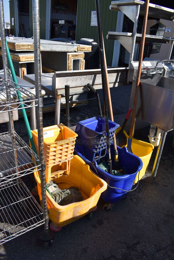 3 Various Poly Mop Buckets w/ Wringing Attachment and Mop on Commercial Casters; 2 Yellow and 1 Blue. Includes 16x22x35. 3 Times Your Bid! - Image 2 of 7