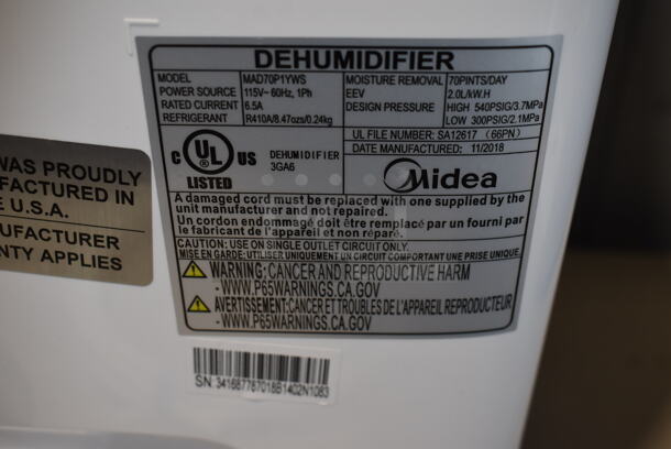 BRAND NEW SCRATCH AND DENT! Midea MAD70P1YWS Metal Dehumidifier. 115 Volts, 1 Phase. Tested and Working! - Image 5 of 6
