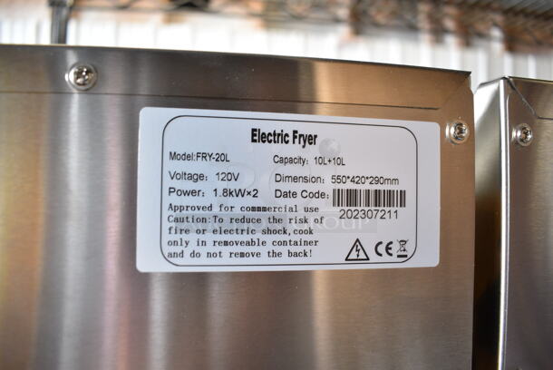 BRAND NEW SCRATCH AND DENT! 2023 Hoocoo FRY-20L Stainless Steel Commercial Countertop Electric Powered 2 Bay Deep Fat Fryer w/ 2 Metal Baskets and 2 Lids. 120 Volts, 1 Phase. - Image 5 of 6