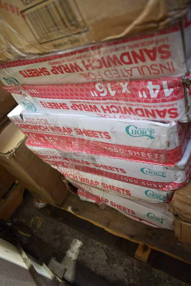 PALLET LOT of 35 BRAND NEW Boxes Including 6 Box 612W65 Choice Insulated Foil Sandwich Wrap Sheets 14" x 16" - 1000/Case, 2 Box 129MCS38B Choice 38 oz. Black Rectangular Microwavable Heavy Weight Container with Lid 8 3/4" x 6 1/4" x 2" - 150/Case, 2 Box 612CAKE8SQ Baker's Lane 8" Square Foil Cake Pan - 500/Case, 2 Box 407WRCB1812 Choice 18" x 12" x 1 3/4" Wood Cutting Board with Rounded Edges, 2 Box EcoStrong Plus PCRL3339XHK 33 Gallon 1 Mil 33" x 39" Linear Low Density Medium-Duty Black Can Liner / Trash Bag - 150/Case, 4 Box 130WFORKWP Choice Individually Wrapped Medium Weight White Plastic Fork - 1000/Case, 130HBKCUTFW Visions Individually Wrapped Black Heavy Weight Plastic Fork - 1000/Case, 548252113 Amefa 252000B000113 Royal 8 13/16" High Carbon Stainless Steel Serrated Edge Steak Knife with Pakkawood Handle - 6/Case, 5013858HVY Lavex Hercules 55 Gallon Black Can Liner, Dart SafeSeal 8 oz. Plastic Tamper-Resistant, Tamper-Evident Bowl with Dome Lid - 240/Case, 124BA1040S American Metalcraft BA1040S 10 1/4" Round Stainless Steel Basting Cover, 831741 Cinnamon Buns Clam Containers, 795PTOWHT4 Choice White Microwavable Folded Paper #4 Take-Out Container 7 3/4" x 5 1/2" x 3 1/2" - 160/Case, 130BKFSNSPH Visions Heavy Weight Black Wrapped Plastic Cutlery Pack with Napkin and Salt and Pepper Packets - 500/Case. 35 Times Your Bid! - Image 2 of 12