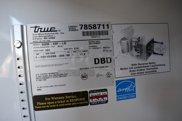2013 True Model GDM-49F-LD Metal Commercial 2 Glass Door Reach In Freezer Merchandiser w/ Poly Coated Racks. 115/208-230 Volts, 1 Phase. 54x30x76.5. - Image 3 of 6