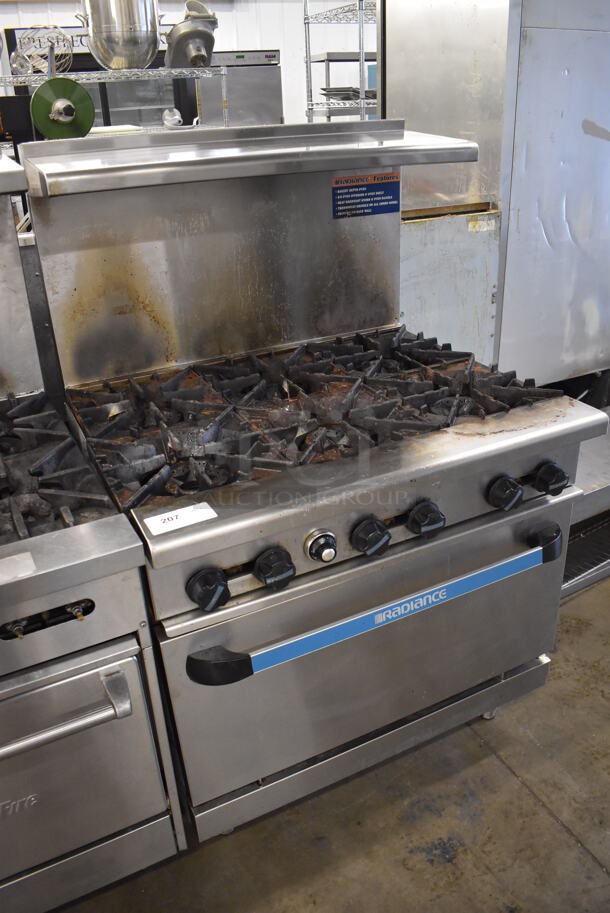 Radiance Stainless Steel Commercial Natural Gas Powered 6 Burner Range w/ Oven, Over Shelf and Back Splash. 36x33x57 - Image 3 of 7