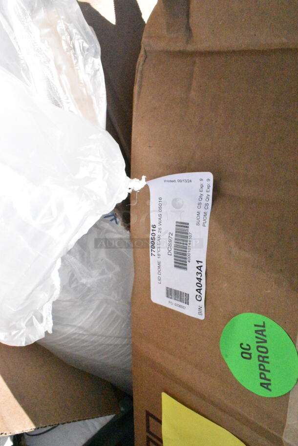 20 BRAND NEW Boxes Including 394365M Noble Products Powder-Free Disposable Clear Vinyl Gloves for Foodservice - Medium - 1000/Case, 760IC16P Choice 16 oz. Pink Paper Frozen Yogurt / Soup / Food Cup - 1000/Case, 346BKFSNSPM Choice Medium Weight Black Wrapped Plastic Cutlery Set with Napkin and Salt and Pepper Packets - 250/Case, 760PCC20 EcoChoice 20 oz. Compostable PLA Paper Cold Cup - 1000/Case, 77005016 Solut 5016 18" Clear Round High Dome Catering / Deli Tray Lid - 25/Case. 20 Times Your Bid! - Image 12 of 12