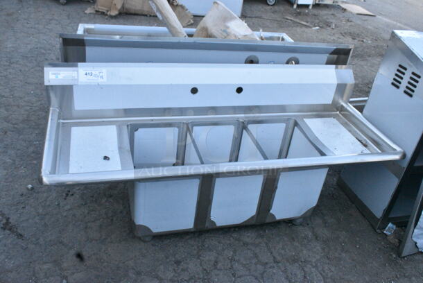 BRAND NEW SCRATCH AND DENT! Steelton 522CS31014LR 54" 18-Gauge Stainless Steel Three Compartment Commercial Sink with 2 Drainboards - 10" x 14" x 12" Bowls. No Legs.  - Image 2 of 7