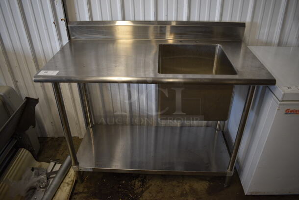 Stainless Steel Commercial Table w/ Sink Basin, Back Splash and Under Shelf. 48x24x40. Bay 16x18x12