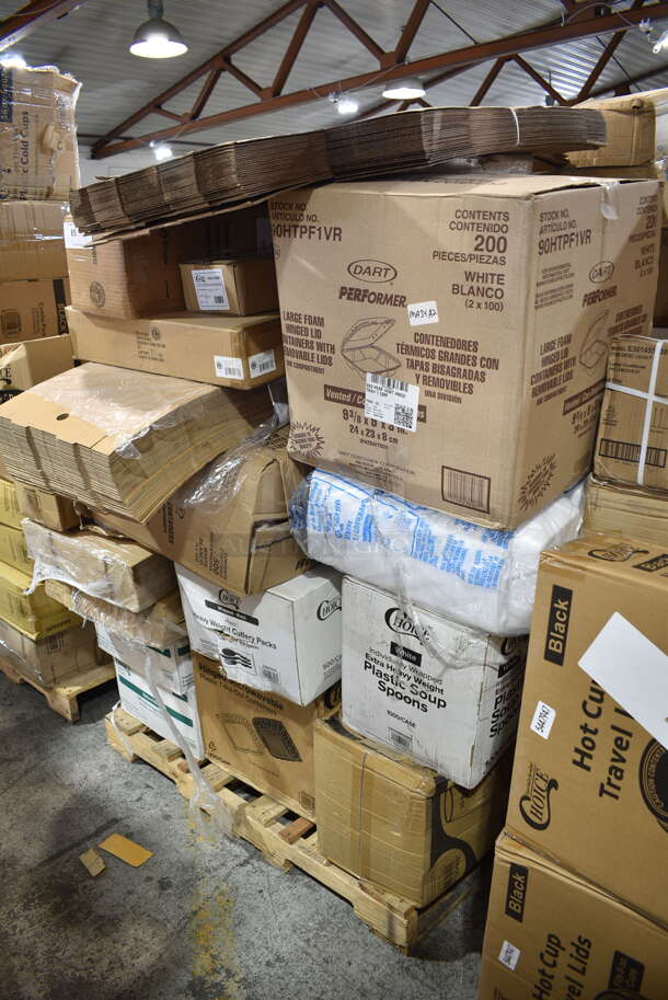 PALLET LOT of 30 BRAND NEW Boxes Including Dart 90HTPF1VR 9" x 9" x 3" White Foam Square Vented Take Out Container with Perforated Hinged Lid - 200/Case, 130WHSSPOONW Choice White Extra Heavy Weight Wrapped Plastic Soup Spoon - 1000/Case, 500CC24 Choice Clear PET Customizable Plastic Cold Cup - 24 oz. - 600/Case, 130BKFKSH Choice Black Heavy Weight Wrapped Plastic Cutlery Pack - 500/Case, 500TO883 Choice 8" x 8" x 3" Microwaveable 1-Compartment Black / Clear Plastic Hinged Container - 100/Case, CERAM18 American Metalcraft CERAM18 18" White Ceramic Pizza Serving Tray, 485UPG7WH EcoChoice 7 3/4" Giant White Unwrapped Paper Straw - 2800/Case, 712LJSAUTDSP Lavex Select Translucent Black Auto Paper Towel Dispenser with Motion Sensor, Corrugated Pizza Boxes, 4 Box 5001BNAPNAT EcoChoice 1-Ply Natural Kraft Beverage / Cocktail Napkin - 4000/Case. 30 Times Your Bid!  - Image 1 of 12