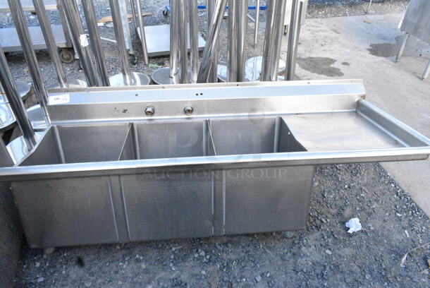 Stainless Steel 3 Bay Sink w/ Right Side Drain Board. No Legs. Bays 16x21x14. Drain Board 18x23 - Image 1 of 3