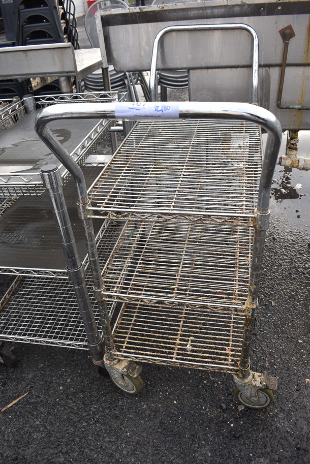 Chrome Finish 3 Tier Cart w/ 2 Push Handles on Commercial Casters. 18x49x40