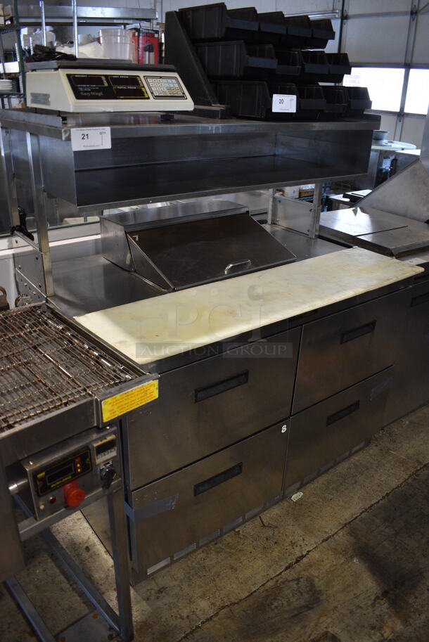 Delfield Stainless Steel Commercial Sandwich Salad Prep Table w/ 4 Drawers and Over Shelf. 48x33x55. Tested and Powers On But Does Not Get Cold - Image 2 of 6