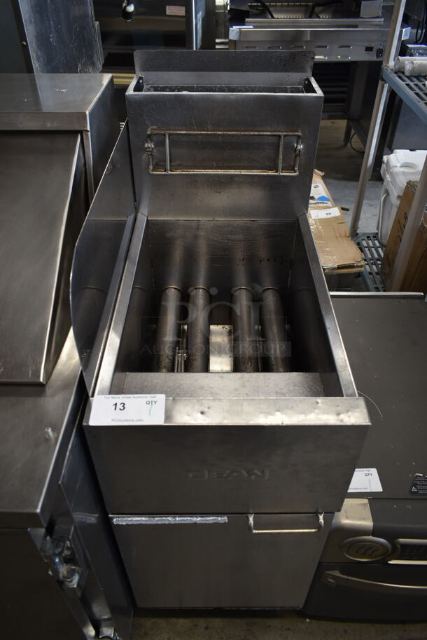 Dean SR152GN Stainless Steel Commercial Floor Style Natural Gas Powered Deep Fat Fryer w/ Side Splash Guard. 120,000 BTU. - Image 1 of 7