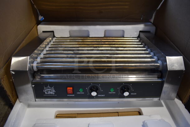 IN ORIGINAL BOX! Carnival King 382HDRG24 Stainless Steel Commercial Countertop Hot Dog Roller. 120 Volts, 1 Phase. 23x17x8. Tested and Heats Up But Rollers Do Not Turn