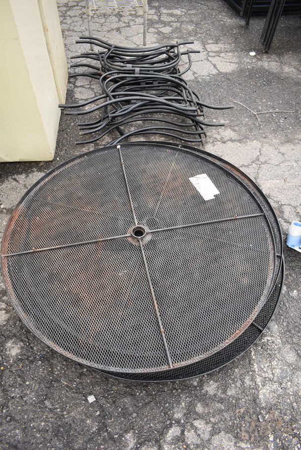 6 Black Metal Mesh Round Patio Tabletops and 10 Table Base Pieces. Includes 43x43x0.5.  6 Times Your Bid!