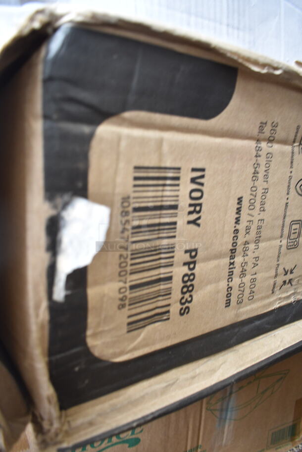 PALLET LOT of 25 BRAND NEW Boxes Including 999RP10 10" Plates, 347SLWG8 Visions 8 oz. Heavy Weight Clear Plastic Stemless Wine Glass - 64/Case, GET CS-10-RM Rustic Mill 10 1/2" Irregular Round Coupe Plate - 12/Case, 500LFLAT Choice Clear Flat Lid with Straw Slot - 9, 12, 16, 20, and 24 oz. - 1000/Case, 475TCLD55BL Lavex 55 GallonBlue Round Commercial Trash Can Lid, Eco-Gecko 5" Square Palm Leaf Bowls, 612D3COMP Choice 8 1/2"x 6 3/8" 3-Compartment Oblong Foil Take-Out Container with Board Lid - 250/Case, 795PTOBK1 Choice Black Microwavable Folded Paper #1 Take-Out Container 4 3/8" x 3 1/2" x 2 1/2" - 450/Case, 395TO961 EcoChoice 9" x 6" x 3" Compostable Sugarcane / Bagasse 1 Compartment Take-Out Container - 200/Case, 347SLW68 Plastic Stemless Wine Glasses. 25 Times Your Bid! - Image 12 of 12