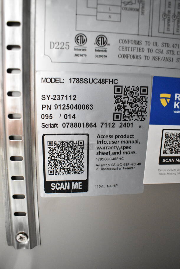 BRAND NEW SCRATCH AND DENT! 2024 Avantco 178SSUC48FHC Stainless Steel Commercial 2 Door Undercounter Freezer on Commercial Casters. 115 Volts, 1 Phase. Tested and Working!  - Image 6 of 6