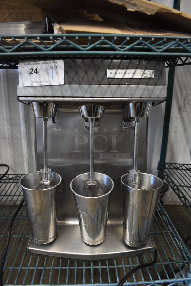 Hamilton Beach Metal Commercial Countertop 3 Head Milkshake / Drink Mixer w/ 3 Metal Cups. 14x8x20. Tested and Working!