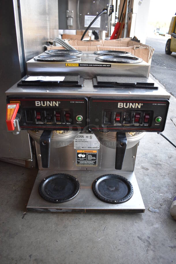 2012 Bunn Model CWTF 4/2 TWIN Stainless Steel Commercial Countertop Dual 6 Burner Coffee Machine w/ Hot Water Dispenser and 2 Metal Brew Baskets. 120/240 Volts, 1 Phase. 16x20x19