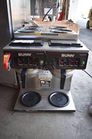 2012 Bunn Model CWTF 4/2 TWIN Stainless Steel Commercial Countertop Dual 6 Burner Coffee Machine w/ Hot Water Dispenser and 2 Metal Brew Baskets. 120/240 Volts, 1 Phase. 16x20x19
