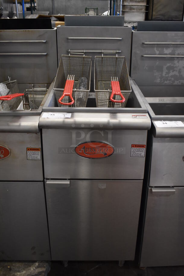 2021 Avantco FF400-N Stainless Steel Commercial Floor Style Natural Gas Powered Deep Fat Fryer w/ 2 Metal Fry Baskets. 120,000 BTU. 15.5x30x46