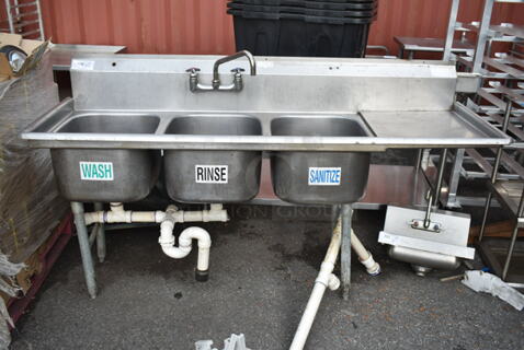 Stainless Steel Commercial 3 Bay Sink w/ Right Side Drain Board, Faucet and Handles. Bays 16x16x9