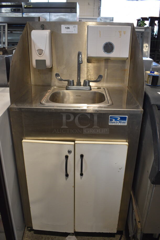 Ozark River ESPRWW-SS-SS1N Commercial Stainless Steel Electric Portable Sink With Stainless Steel Countertop, Soap Dispenser And Paper Towel Dispenser And Two Door Cabinet, White on Commercial Casters. 115 Volt 1 Phase