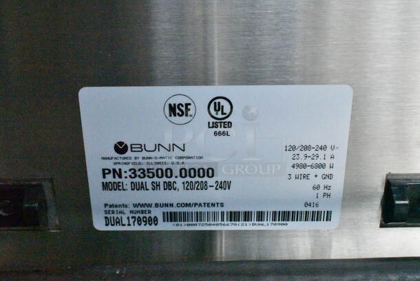 2016 Bunn DUAL SH DBC Stainless Steel Commercial Dual Coffee Machine w/ Hot Water Dispenser, 2 Satellite Servers and 2 Metal Brew Baskets. 120/208-240 Volts, 1 Phase. - Image 10 of 12