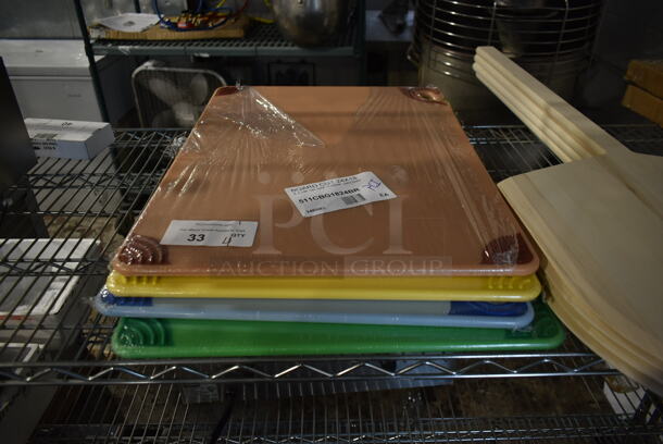 4 BRAND NEW! Cutting Boards; Brown, Blue, Yellow, Green. 4 Times Your Bid!