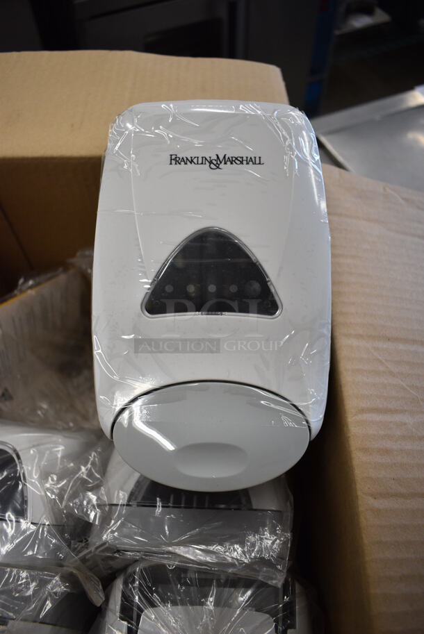 6 BRAND NEW White and Gray Poly Wall Mount Soap Dispensers. 5.5x4.5x11. 6 Times Your Bid!
