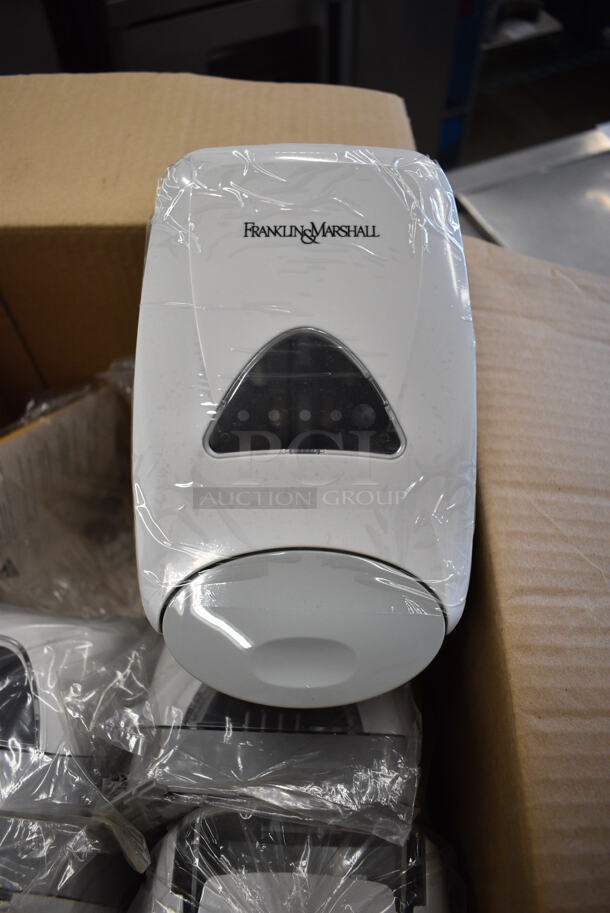 6 BRAND NEW White and Gray Poly Wall Mount Soap Dispensers. 5.5x4.5x11. 6 Times Your Bid! - Image 1 of 4