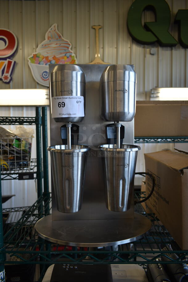 BRAND NEW SCRATCH AND DENT! Avantco DM-B-21C Stainless Steel Commercial Countertop 2 Head Milkshake Mixer w/ 2 Mixing Cups. 110-120 Volts, 1 Phase. Tested and Working! - Image 1 of 11