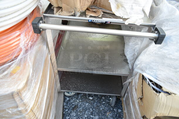 BRAND NEW SCRATCH AND DENT! Lakeside 22 3/8" x 39 1/4" x 33 1/2" Medium-Duty Stainless Steel 3-Shelf Utility Cart on Commercial Casters.  - Image 2 of 5
