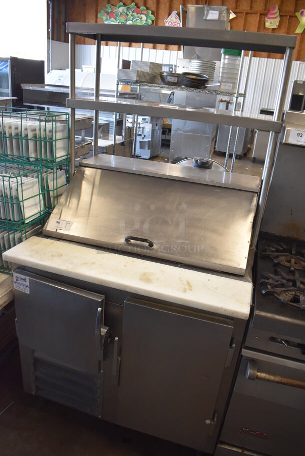 Leader Stainless Steel Commercial Sandwich Salad Prep Table Bain Marie Mega Top w/ 2 Tier Over Shelf and Various Drop In Bins. 115 Volts, 1 Phase. 36x35x70. Tested and Powers On But Does Not Get Cold - Image 2 of 9