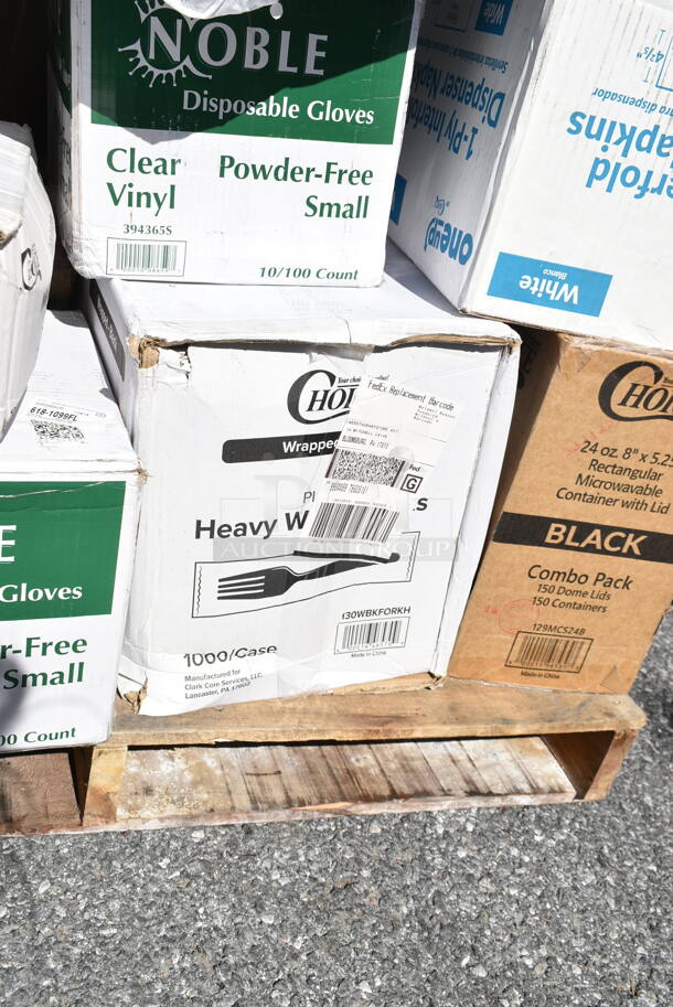 PALLET LOT of 22 BRAND NEW Boxes Including 50020CAFE Choice 20 oz. Café Print Poly Paper Hot Cup - 600/Case, NC12S Fabri-Kal NC12S Nexclear 12 / 14 oz. Clear Customizable Squat Plastic Cup - 1000/Case, 966UPWIDEB1-500 OneUp by Choice White 1-Ply Wide Interfold 6 1/2" x 8 1/2" Dispenser Napkin - 6000/Case, 346WKFSNSPM Medium Weight Wrapped Plastic Cutlery Pack with Napkin and Salt / Pepper, 130WBKFORKH Choice Black Heavy Weight Wrapped Plastic Fork - 1000/Case, 129MCS24B Choice 24 oz. Black Rectangular Microwavable Heavy Weight Container with Lid 8" x 5 1/4" x 2" - 150/Case, 347DC7 Choice 7 oz. Clear Plastic 1-Piece Dessert Cup - 200/Case, 128HD8BULK Choice Heavy Duty 8 oz. Microwavable Translucent Plastic Deli Container - 480/Case, 795PTOWHT1 Choice White Microwavable Folded Paper #1 Take-Out Container 4 3/8" x 3 1/2" x 2 1/2" - 450/Case, 129MCS323CW Choice 36 oz. White 9 3/4" x 7 1/4" x 2" 3-Compartment Rectangular Microwavable Heavy Weight Container with Lid - 150/Case, 129MCS24B Choice 24 oz. Black Rectangular Microwavable Heavy Weight Container with Lid 8" x 5 1/4" x 2" - 150/Case. 22 Times Your Bid!  - Image 9 of 12