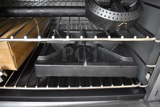 BRAND NEW! CPG Model 351S36N Stainless Steel Commercial Natural Gas Powered 6 Burner Range w/ Oven. Comes w/ Backsplash, Over Shelf, Extra Grate, 2 Extra Burners and 2 Extra Knobs. Stock Picture Used For Gallery. 36x31x31 - Image 7 of 12