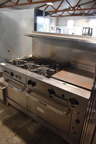 LATE MODEL! Vulcan 60SC-6B24GN Stainless Steel Commercial Natural Gas Powered 6 Burner Range w/ Right Side Flat Top Griddle, Convection Oven, Oven, Over Shelf and Back Splash.