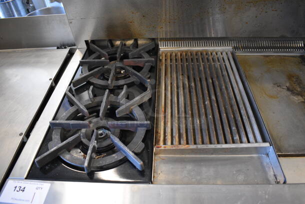 Wolf Stainless Steel Commercial Natural Gas Powered 4 Burner Range w/ Flat Top, Charbroiler, Convection Oven, Warmer, Over Shelf and Back Splash. 48x28x57 - Image 3 of 11