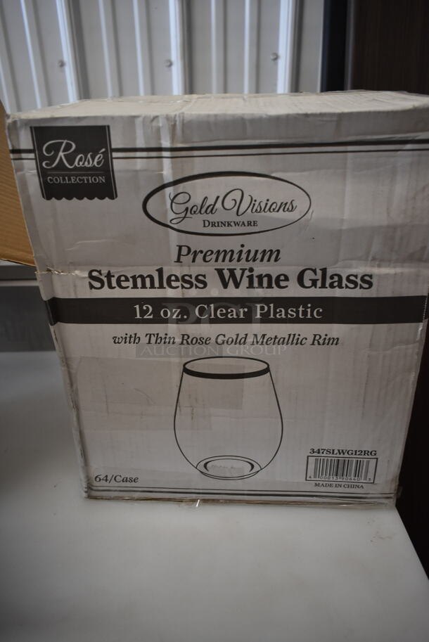2 BRAND NEW SCRATCH AND DENT! Visions 347SLWG12RG 12 oz. Heavy Weight Clear Plastic Stemless Wine Glass with Rose Gold / Copper Rim - 64/Case. 2 Times Your Bid! - Image 3 of 6