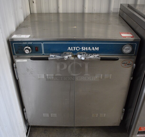 Alto Shaam Model 750-CTUS Halo Heat Stainless Steel Commercial 2 Door Undercounter Heated Holding Cabinet w/ 6 Full Size Baking Pans on Commercial Casters. 30x26x33. Cannot Test Due To Plug Style