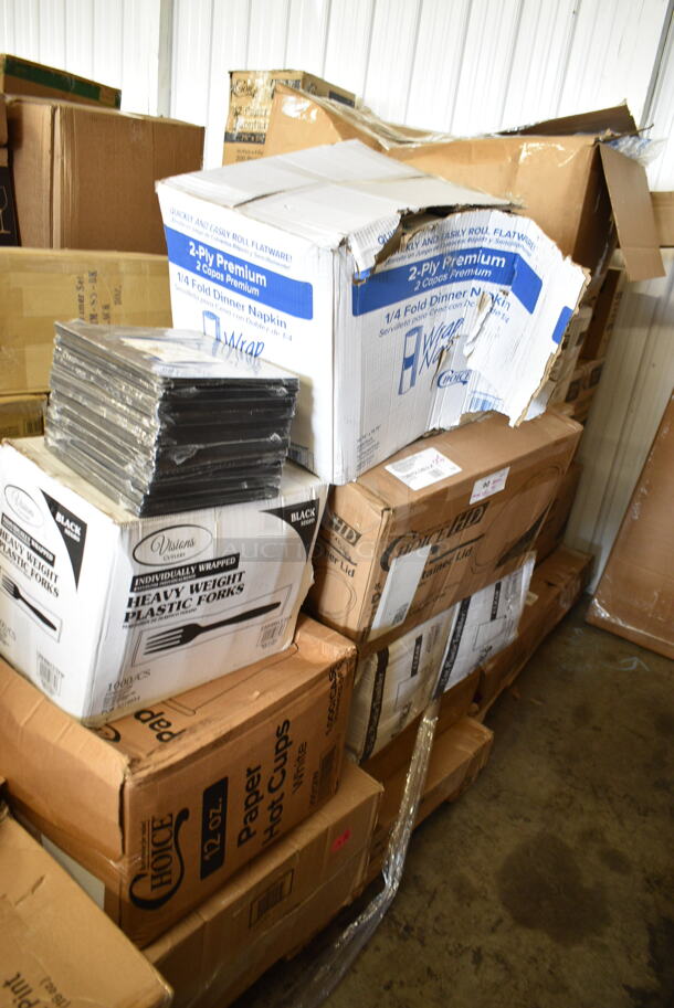 PALLET LOT of 26 BRAND NEW Boxes Including 375STM85BK GET STM-85-BK 8 1/2" Black Polypropylene Round Steamer Set - 12/Pack, 347TCL12 Choice 12 oz. Clear Disposable Plastic Tumbler - 500/Case, 127CH Choice 4 oz. Clear RPET Hinged Deli Container - 400/Case, 130HBKCUTFW Visions Individually Wrapped Black Heavy Weight Plastic Fork - 1000/Case, 999SP10BK Visions Florence 10" Square Black Plastic Plate, 50012W Choice 12 oz. White Poly Paper Hot Cup - 1000/Case, 128HDLDBULK ChoiceHD Microwavable Translucent Plastic Deli Container Lid - 480/Case, 129MCR50B Choice 48 oz. Black Round Microwavable Heavy Weight Container with Lid 9" - 150/Case, 95TO953WHTU Choice 9" x 5" x 3" White Take Out Lunch Box / Chicken Box with Tuck Top - 250/Case. 26 Times Your Bid!  - Image 1 of 12