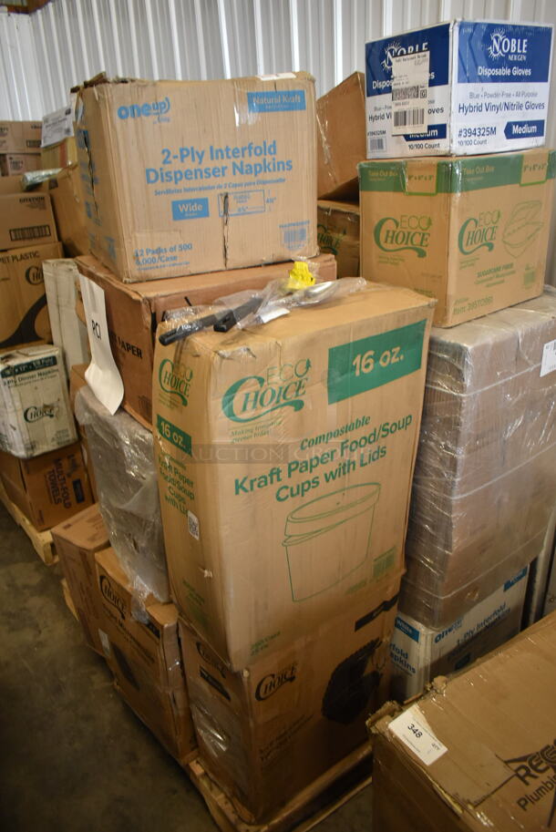 PALLET LOT of 25 BRAND NEW Boxes Including 130HFCL1M Visions Clear Heavy Weight Plastic Fork - Case of 1000, Carlisle SB6807 1 Qt. Pebbled Serving/Salad Bowl, 394325MCASE Noble NexGen Powder-Free Disposable Blue Hybrid 3 Mil Thick Gloves - Medium - 1000/Case, 5014046XXH Lavex Pro 45 Gallon 3 Mil 40