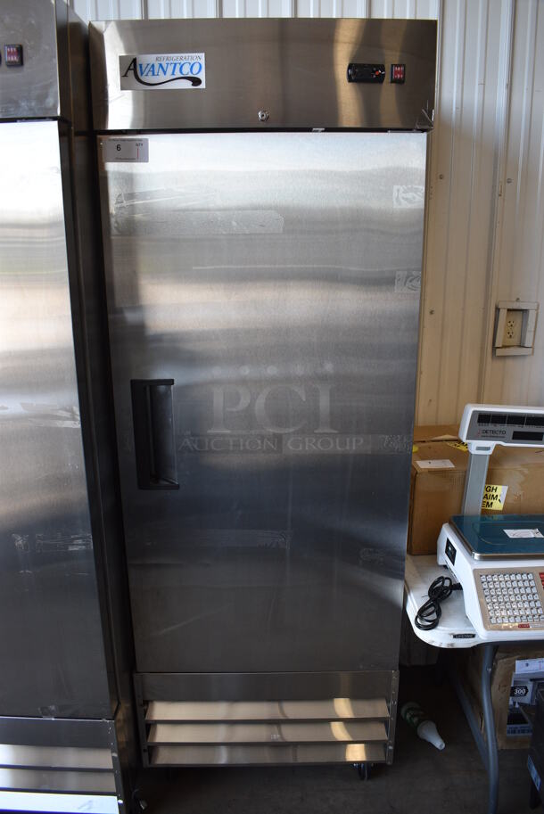 BRAND NEW SCRATCH AND DENT! Avantco Model 178A19RHC Stainless Steel Commercial Single Door Reach In Cooler w/ Poly Coated Racks on Commercial Casters. 115 Volts, 1 Phase. 28x26x82. Tested and Working!