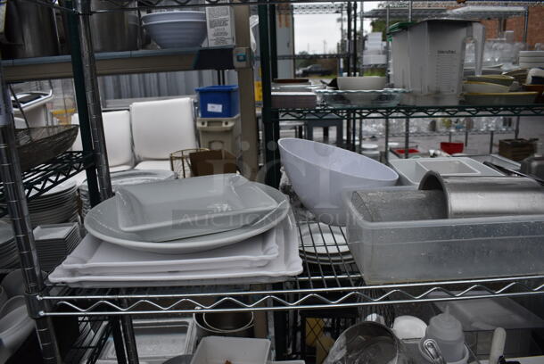 ALL ONE MONEY! Lot of 5 Tiers of Various Smallwares Including White Ceramic Plates, Scale, Utensils, Cutting Boards, Cash Drawers. Does Not Include Shelving Unit - Image 5 of 9