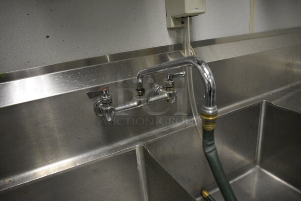 Stainless Steel Commercial 3 Bay Sink w/ Dual Drain Boards, 2 Faucets and 2 Handle Sets. 120x30x44. Bays 24x24x14. Drain Boards 23x26x2. BUYER MUST REMOVE. (kitchen) - Image 6 of 8