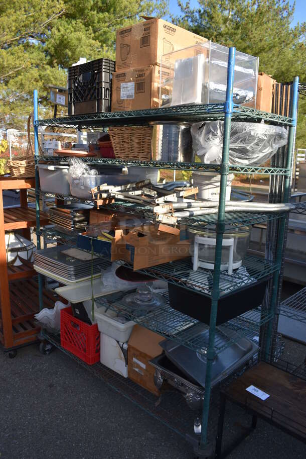 ALL ONE MONEY! Lot of 6 Tiers Worth of Various Items Including Poly Pitchers, Metal Baking Pans, Metal Chafing Dish, Basket. Does Not Include Shelving Unit