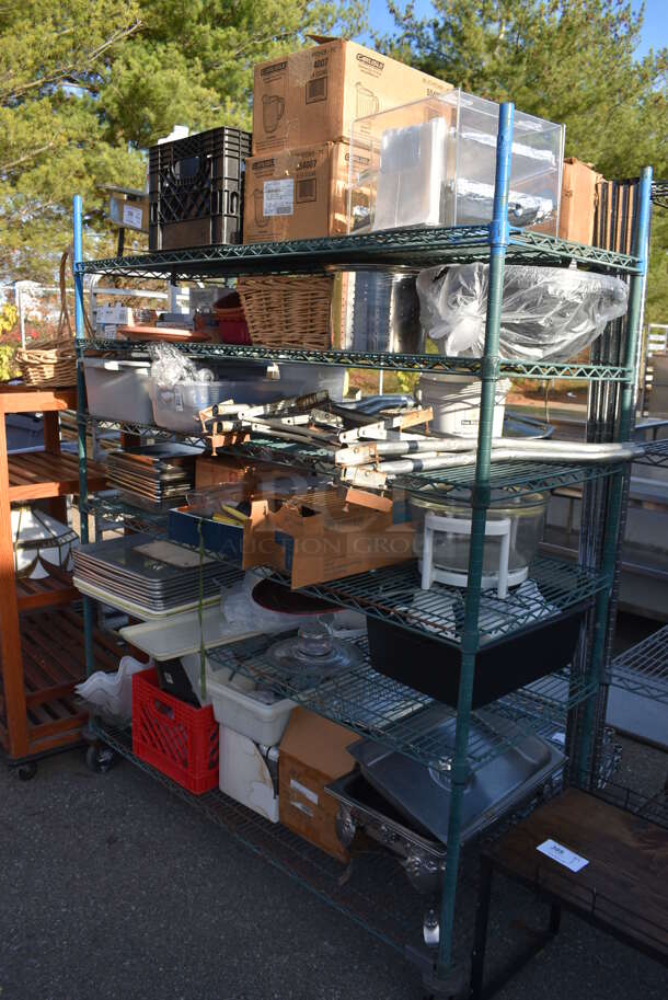 ALL ONE MONEY! Lot of 6 Tiers Worth of Various Items Including Poly Pitchers, Metal Baking Pans, Metal Chafing Dish, Basket. Does Not Include Shelving Unit - Image 1 of 9